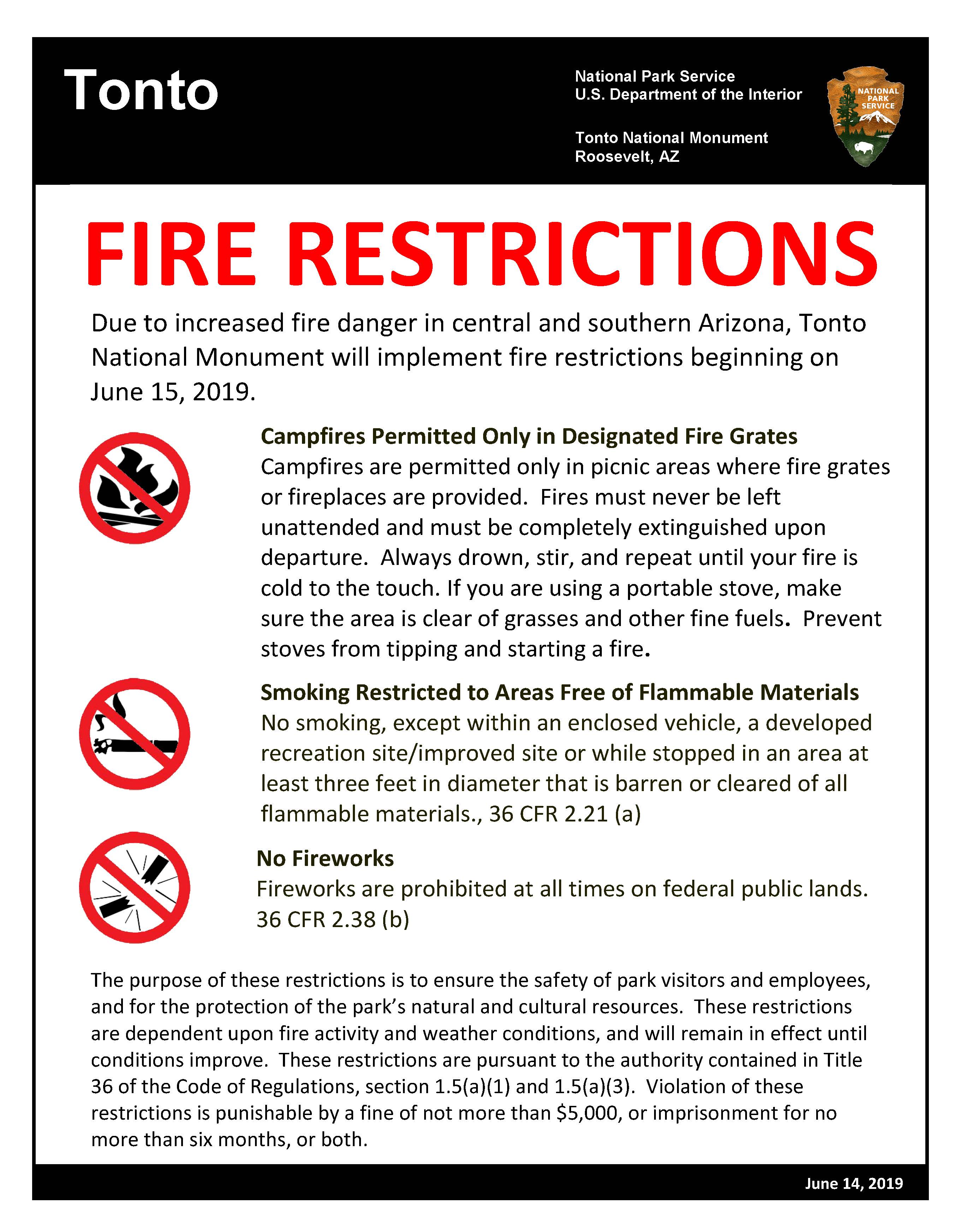 Tonto National Monument Stage 1 Fire Restriction Poster Information graphic for fire restrictions.