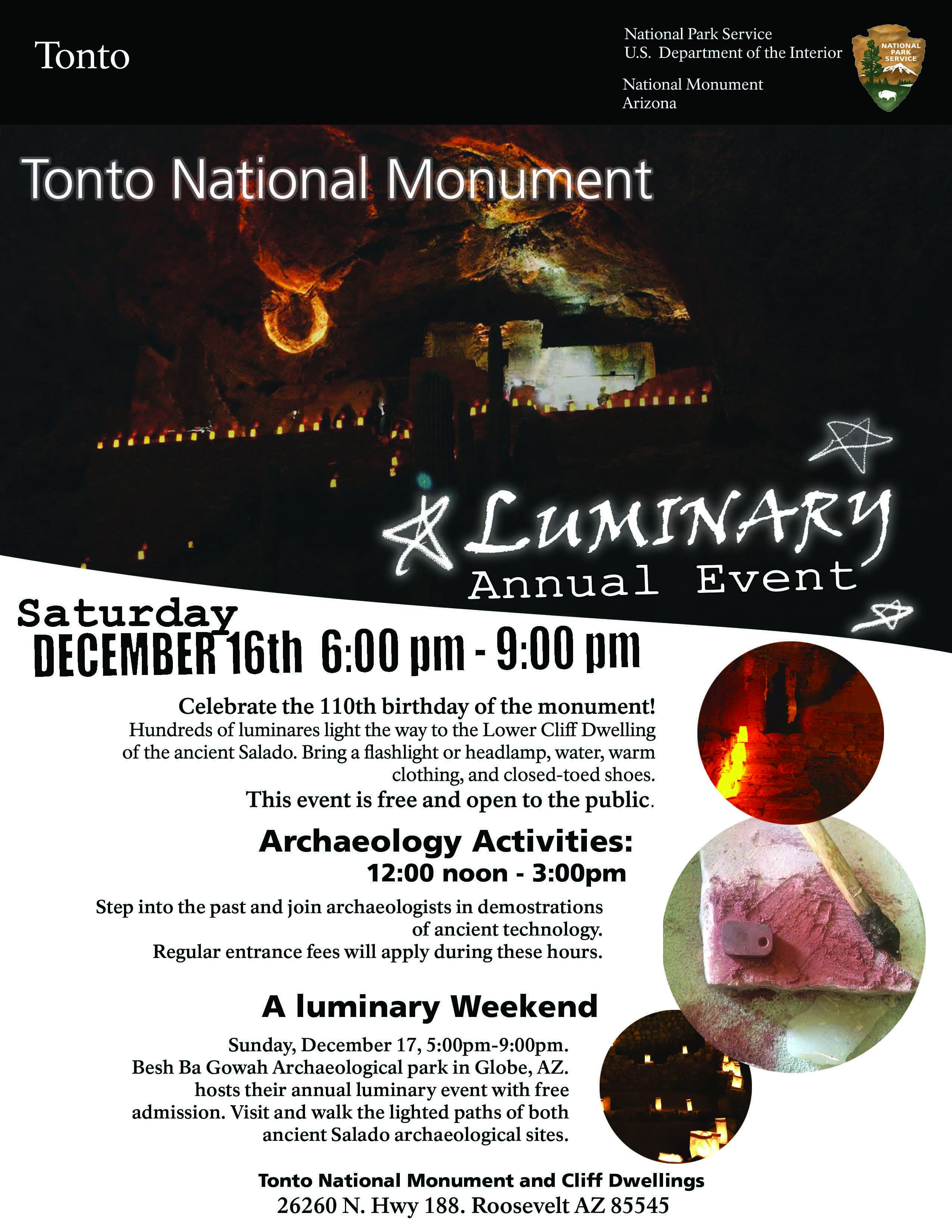 2017 Luminary Event Cliff dwelling with luminaries, flyer for event