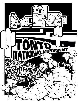 Coloring Page with cliff dwellings, Saguaro, Gila monster, and prickly pear cactus.