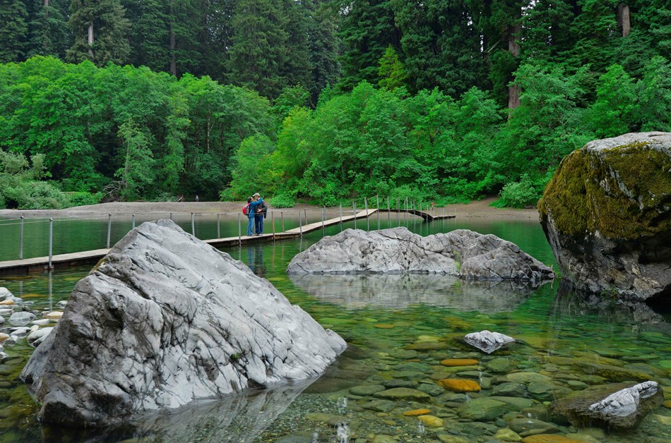 Two adults stand on a wooden hiker's bridge over a clear river. Redwoods line the riverbank. Two adults stand on a wooden hiker's bridge over a clear river. Redwoods line the riverbank.