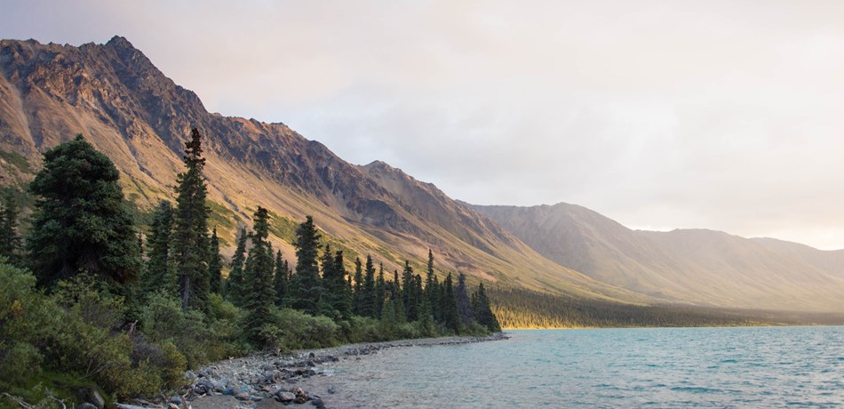 evening light lights up a mountainside at upper twin lake, with trees and the lake in the foreground evening light lights up a mountainside at upper twin lake, with trees and the lake in the foreground