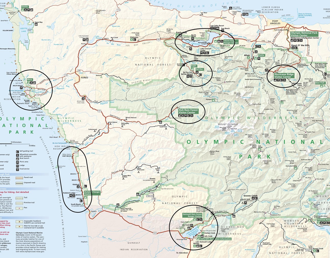 Map of Olympic National Park with areas circled