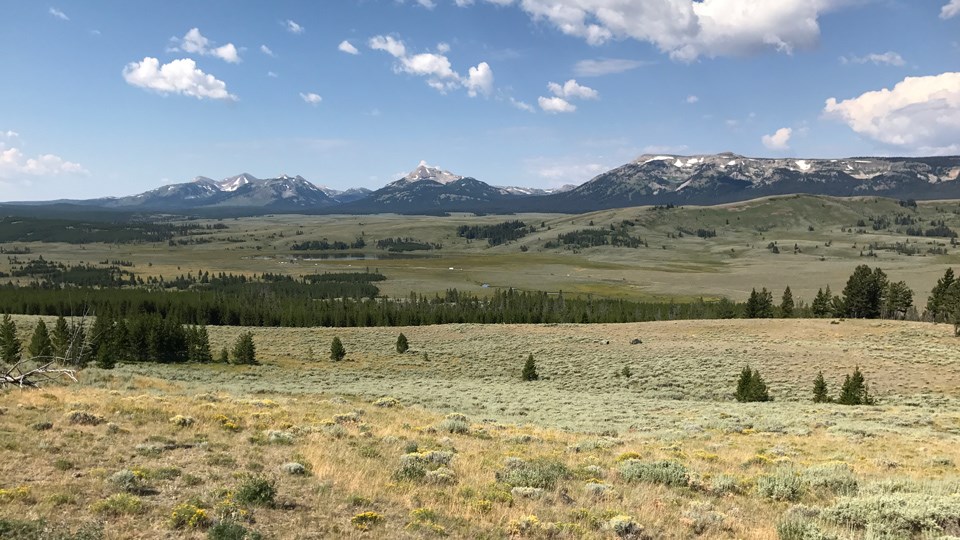 Snow-capped mountains rise above a wide, sagebrush-steppe valley.