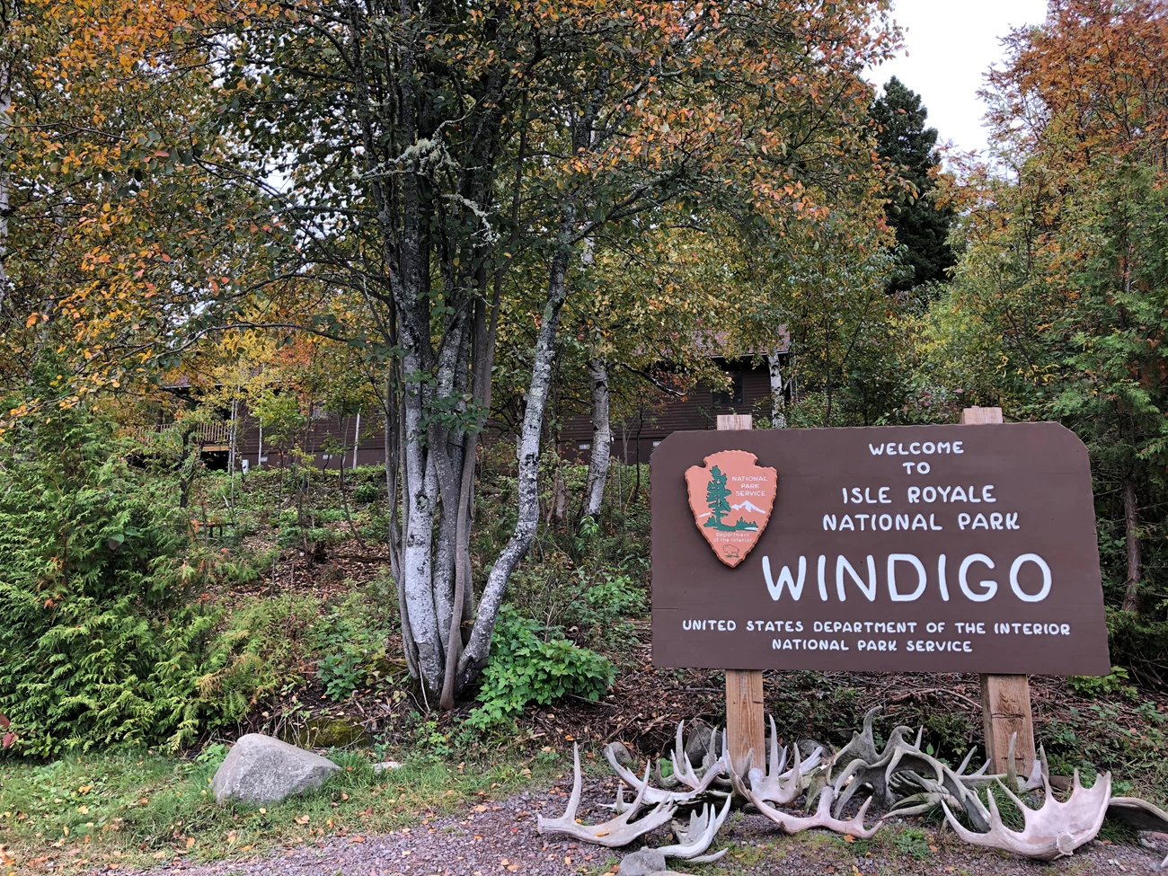 A large brown wooden sign says Windigo in white letters, surrounded by moose antlers and trees.