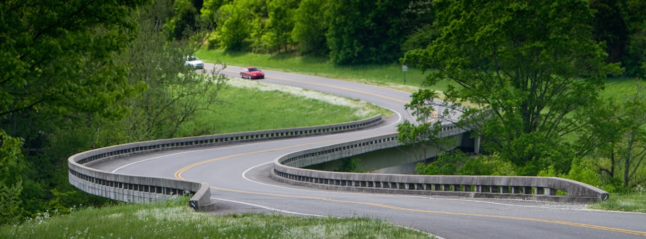 Winding road and bridge. Green grass and trees are on both sides of the road. two cars, one red and one white are in the distance traveling on the road towards the viewer.