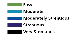 Key for the above map. Green = Easy Light Blue = Moderate Blue = Moderately Strenuous Dark Blue = Strenuous Dark Gray = Very Strenuous