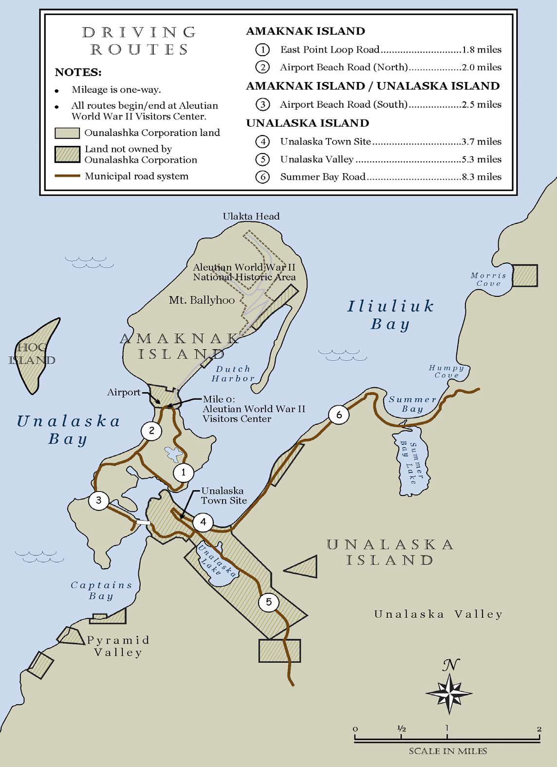 map of 6 driving routes map of Unalaska island and Amaknak Island showing general location of 6 driving routes