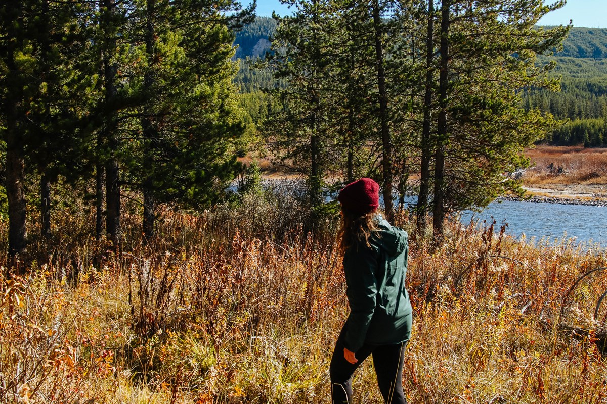A female hiker walks down a wooded trail by a river.