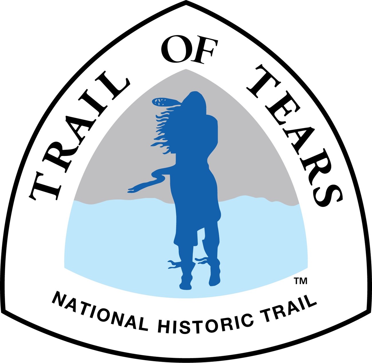 A triangle logo with an image of a person inside.