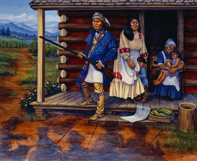 An illustration of Cherokee people on the porch, with looming shadows of people in front of them.