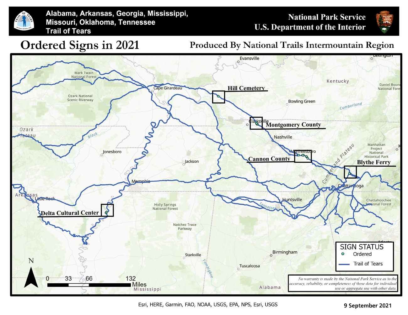 A map of the United States with a trail and points indicating where signs have been placed.