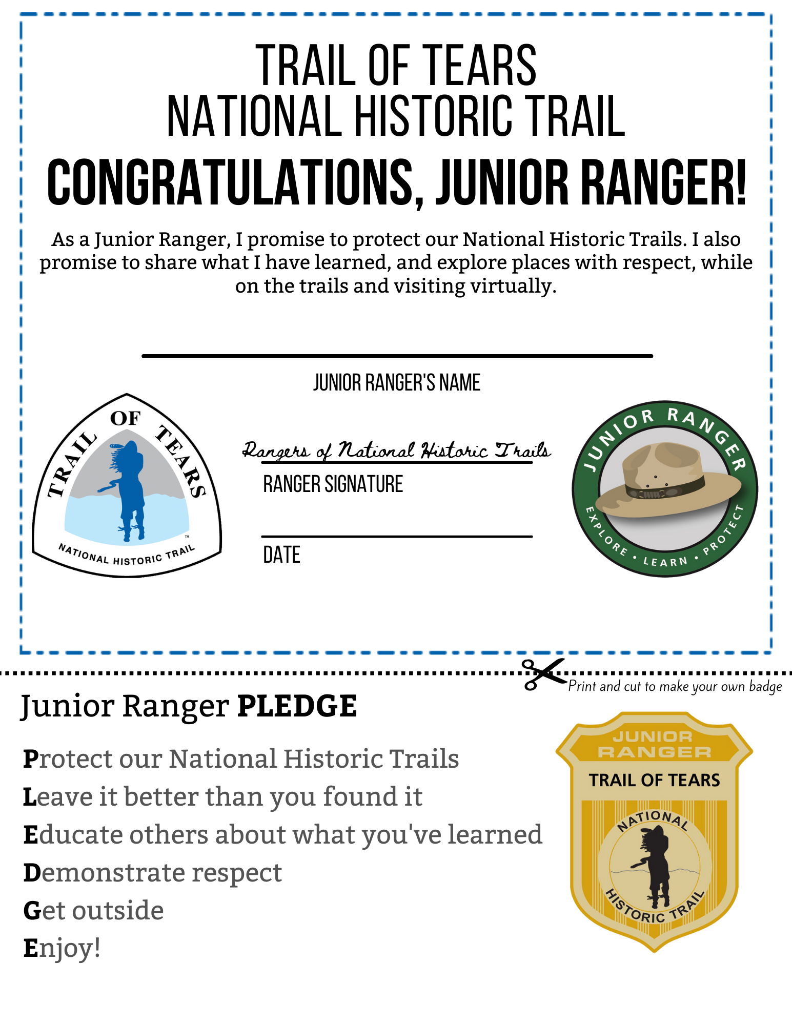 A certificate with an image of a junior ranger badge.