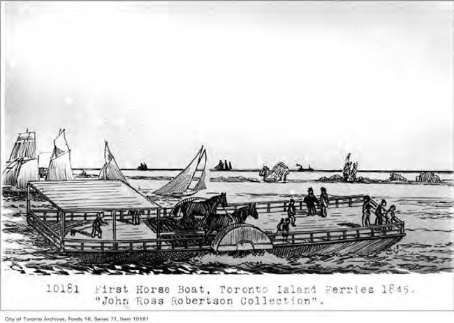 An illustration of a horse-powered ferry.