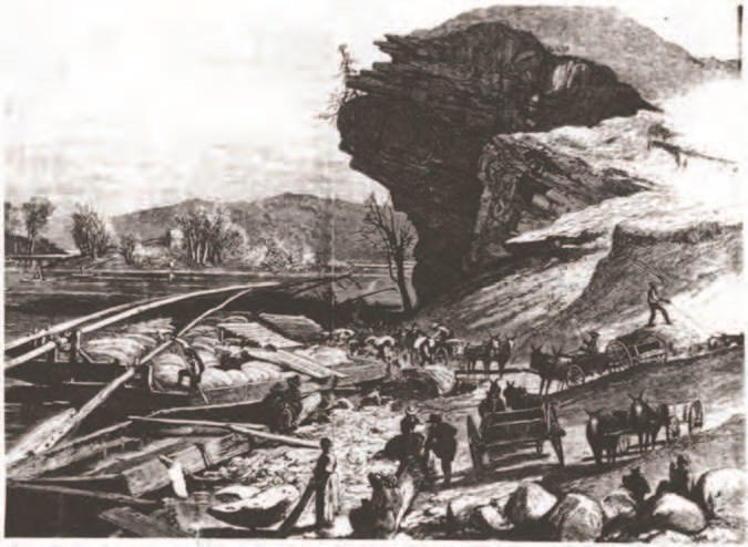An illustration of people working on building a boat next to a cliff.