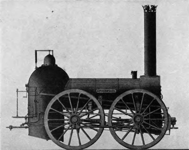 A historic image of a steam locomotive engine.