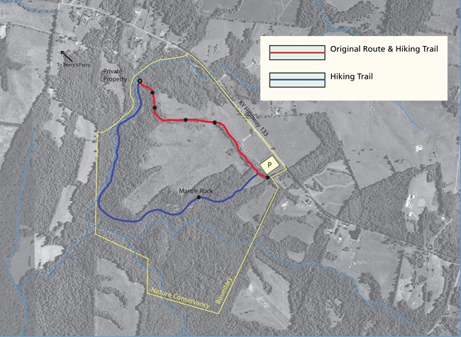 A map of a trail through the forest, depicting a portion of which is the Trail of Tears original route.