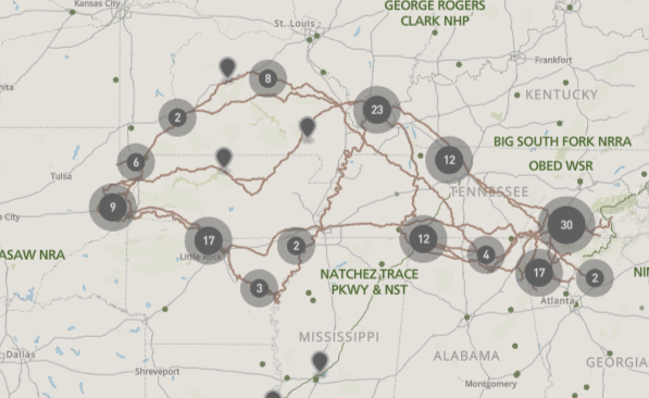 A map of the United States with a trail depicted from the southeast to Oklahoma.