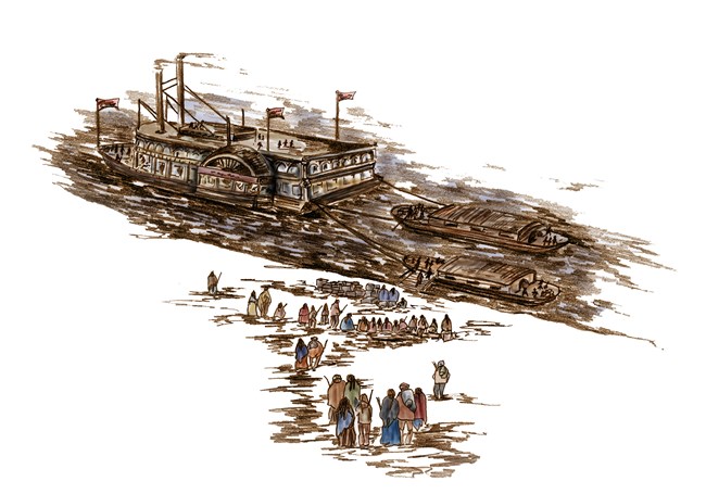 An illustration of people walking towards an old steamboat