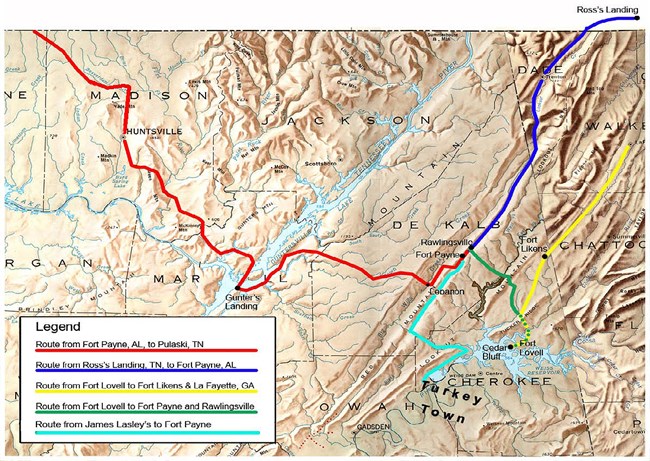 A map depicting multiple routes of travel in the southeast.