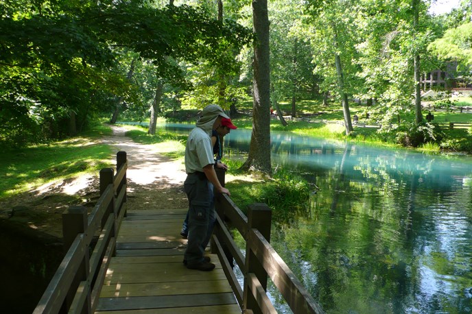 two people at boardwalk looking upon a spring, trees in background