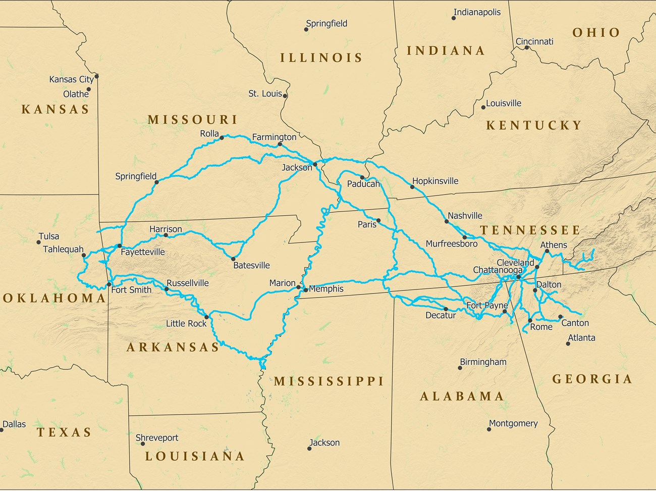 A map depicting trails from southeast US to Oklahoma.
