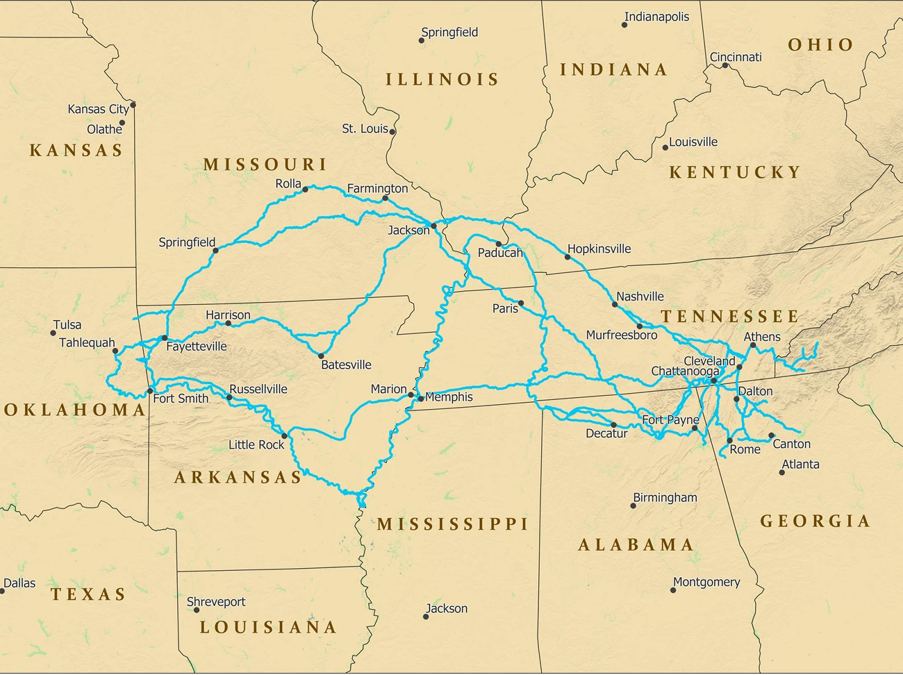 A map depicting trails from southeast US to Oklahoma.