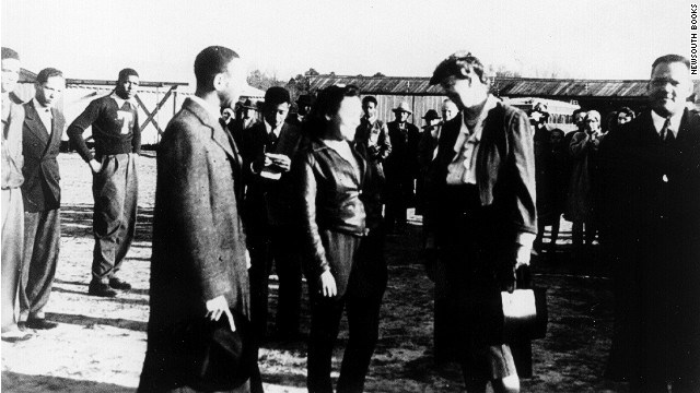 E. Roosevelt at Kennedy Field First Lady talking with female Airmen