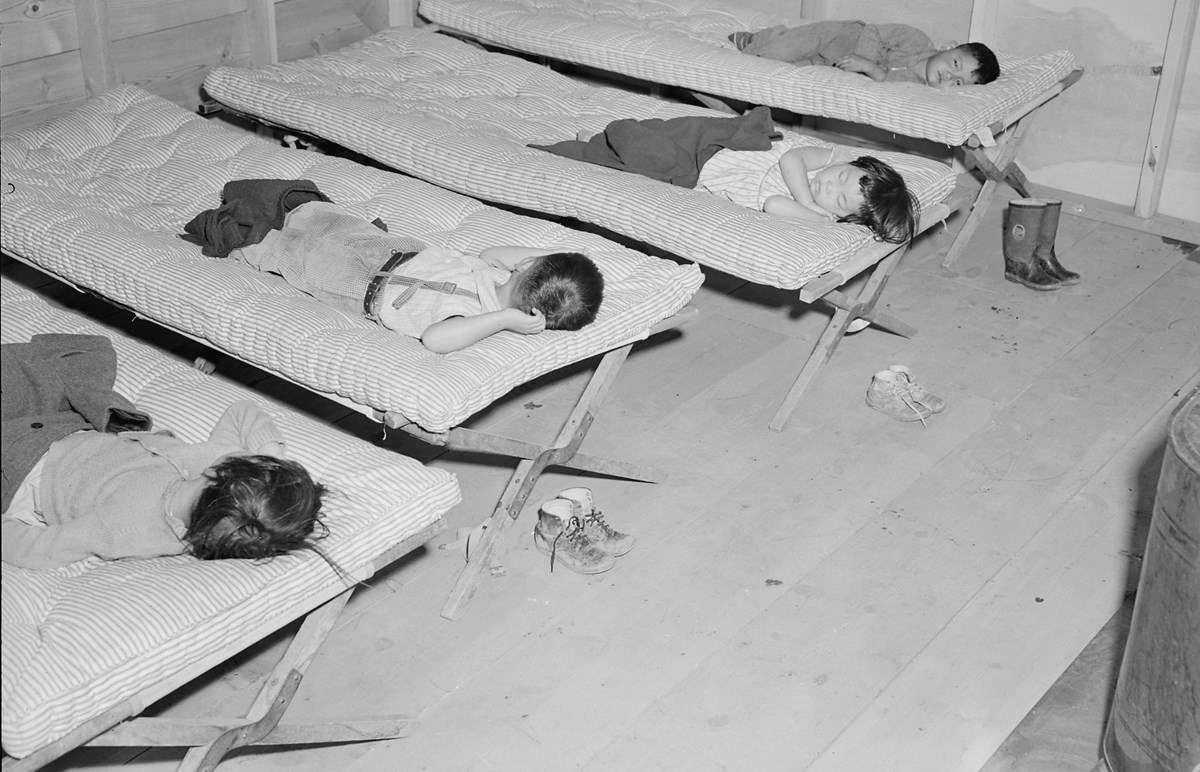 Children sleeping on cots
