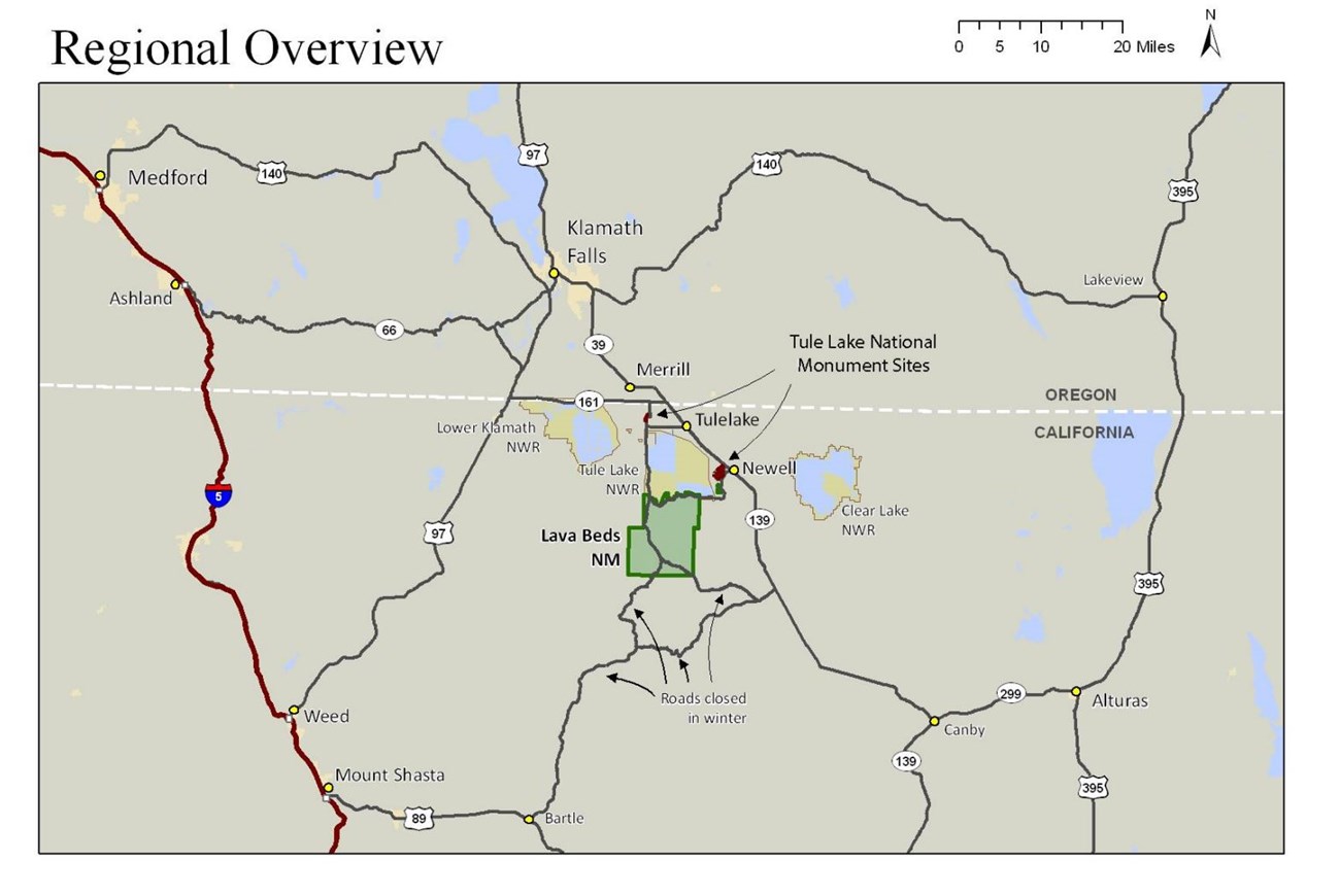 Regional Map showing Tule Lake National Monument sites and other points of interest