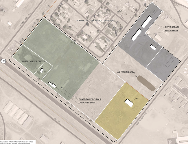 map looking down on Tule Lake National Monument, showing where the boundary is, and current fences and buildings.