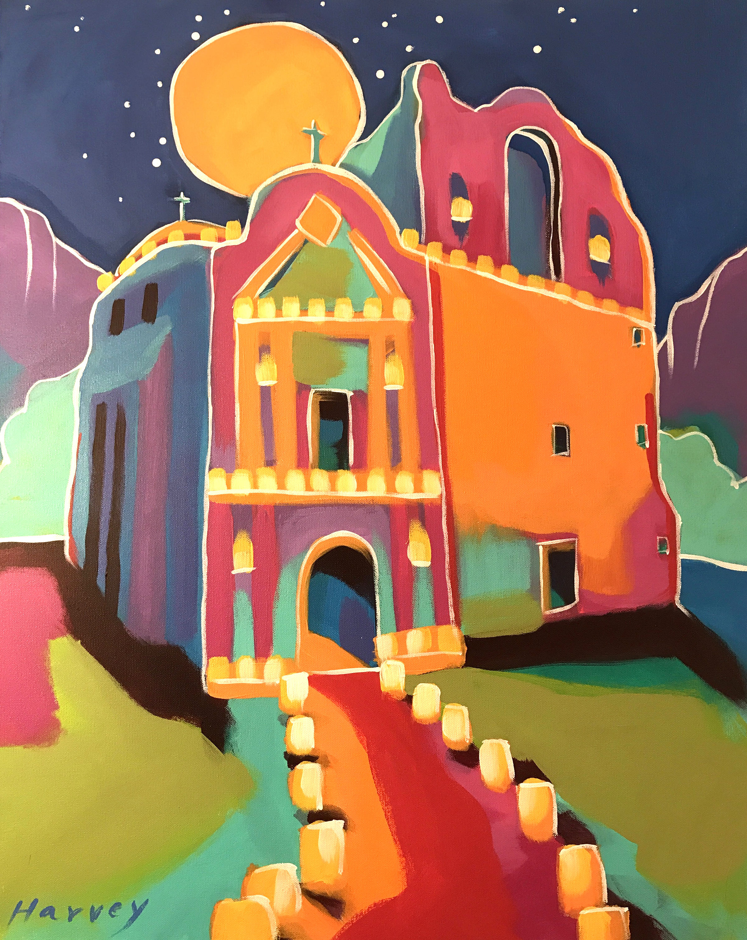 Colorful painting of church surrounded by lights.