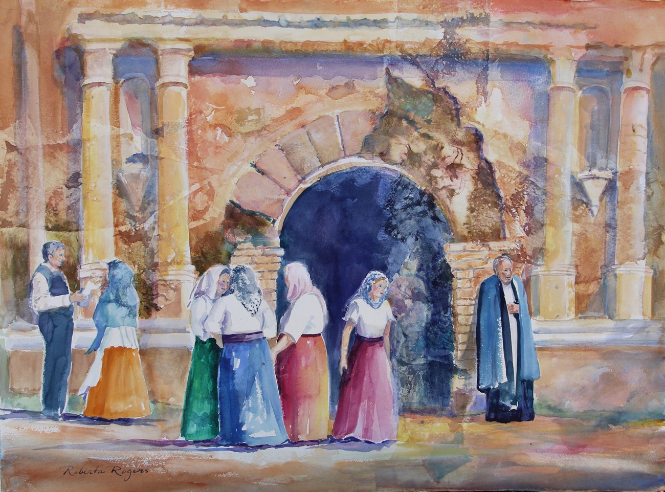 Watercolor painting of people in historical costume in front of adobe church.