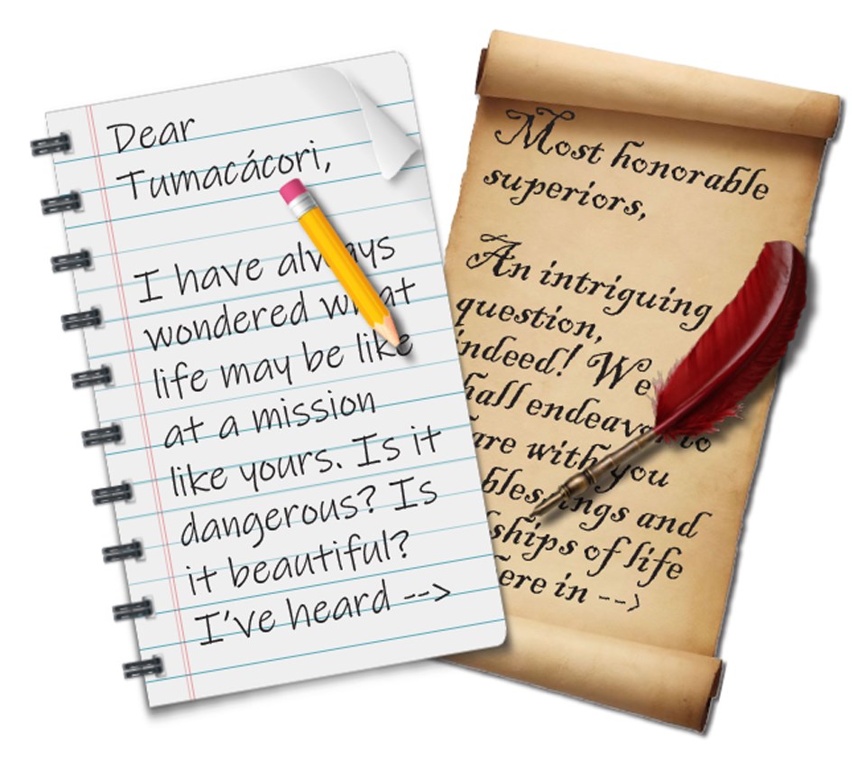 side-by-side graphic of letters written on binder paper with pencil and parchment with quill pen