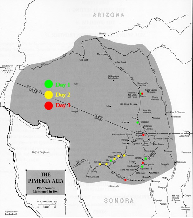map of pimería alta with locations marked