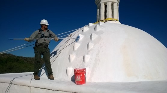 preservationist in hardhat and harness with brush applying soap and alum to white dome