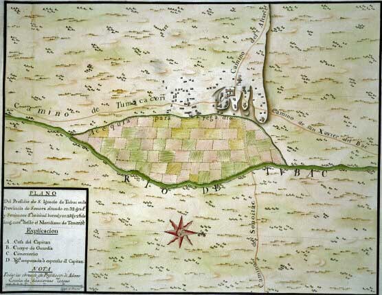 historic map of tubac showing river and adjacent farm fields