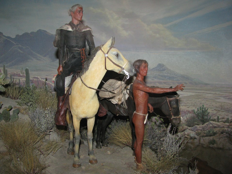 diorama of horseback padre with native guide pointing and cows drinking from puddle