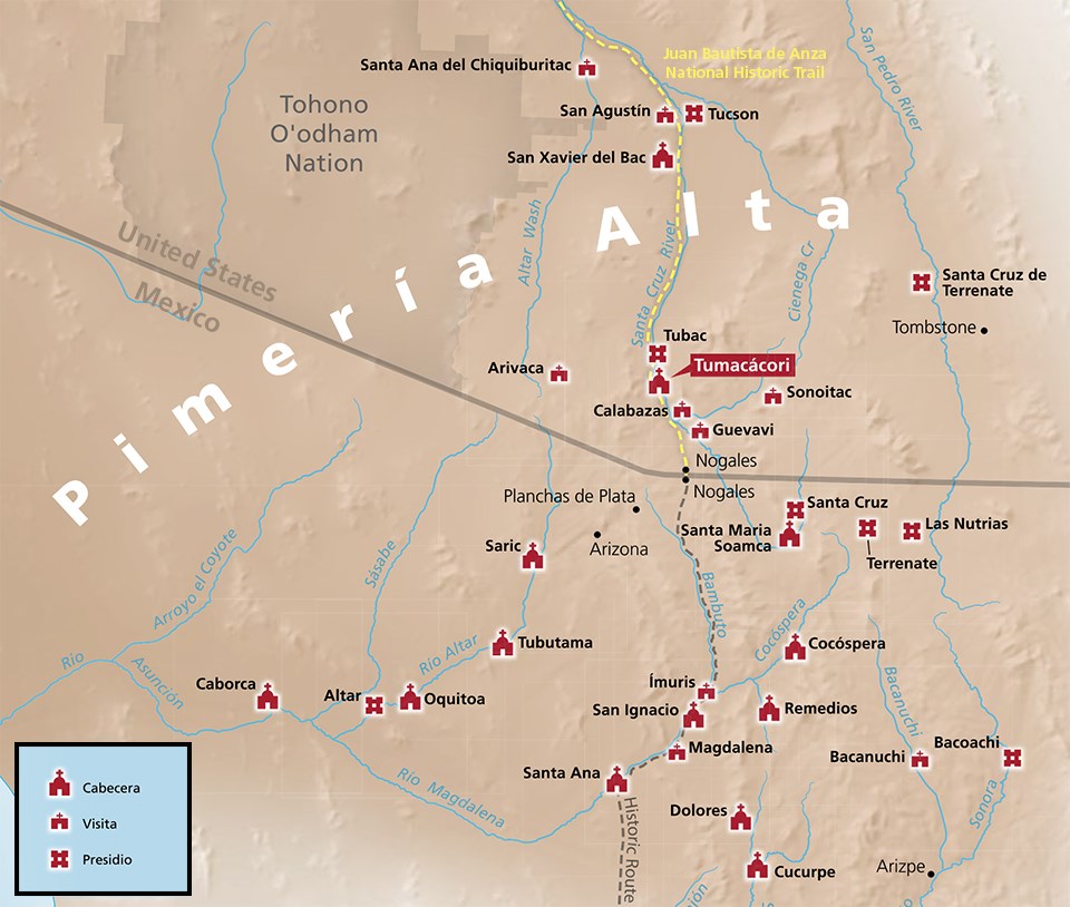 map of pimería alta with presidios, missions, and rivers