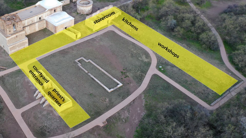 aerial photo of mission grounds with outline of original convento complex; kitchens, storeroom, workshops, priest's quarters, and entrance labelled