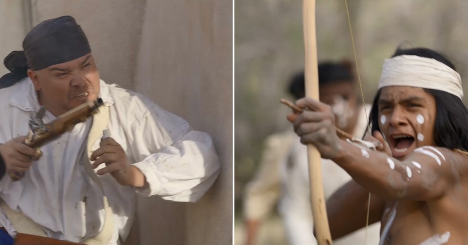 side-by-side images of battle re-enactment with Spanish gunman and native bowman