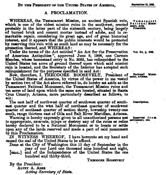 original document recording roosevelt's proclamation of Tumacácori National Monument