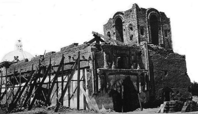 Church with roof being rebuilt Church with roof being rebuilt