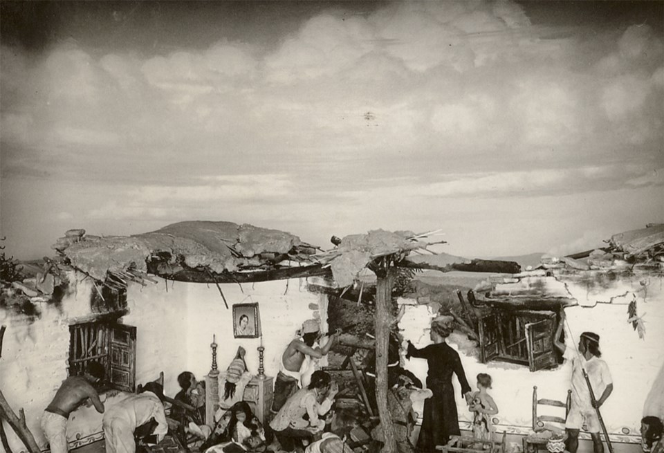 black and white historic photo of battle scene diorama