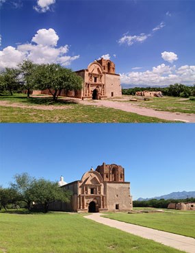 top image shows degraded dirt trail, bottom image newly paved
