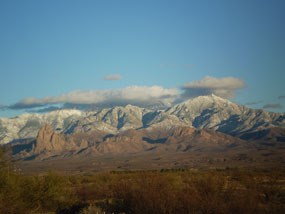 snowy mountains in distance