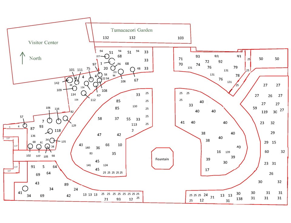 diagram of courtyard garden with numbered spaces