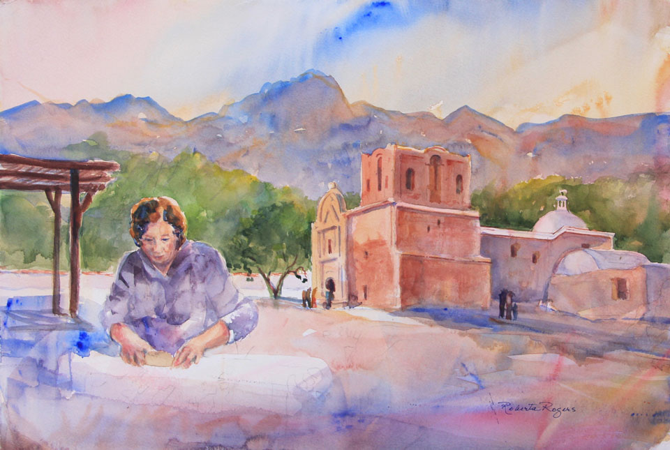 watercolor painting of tortilla demonstrator in front of church