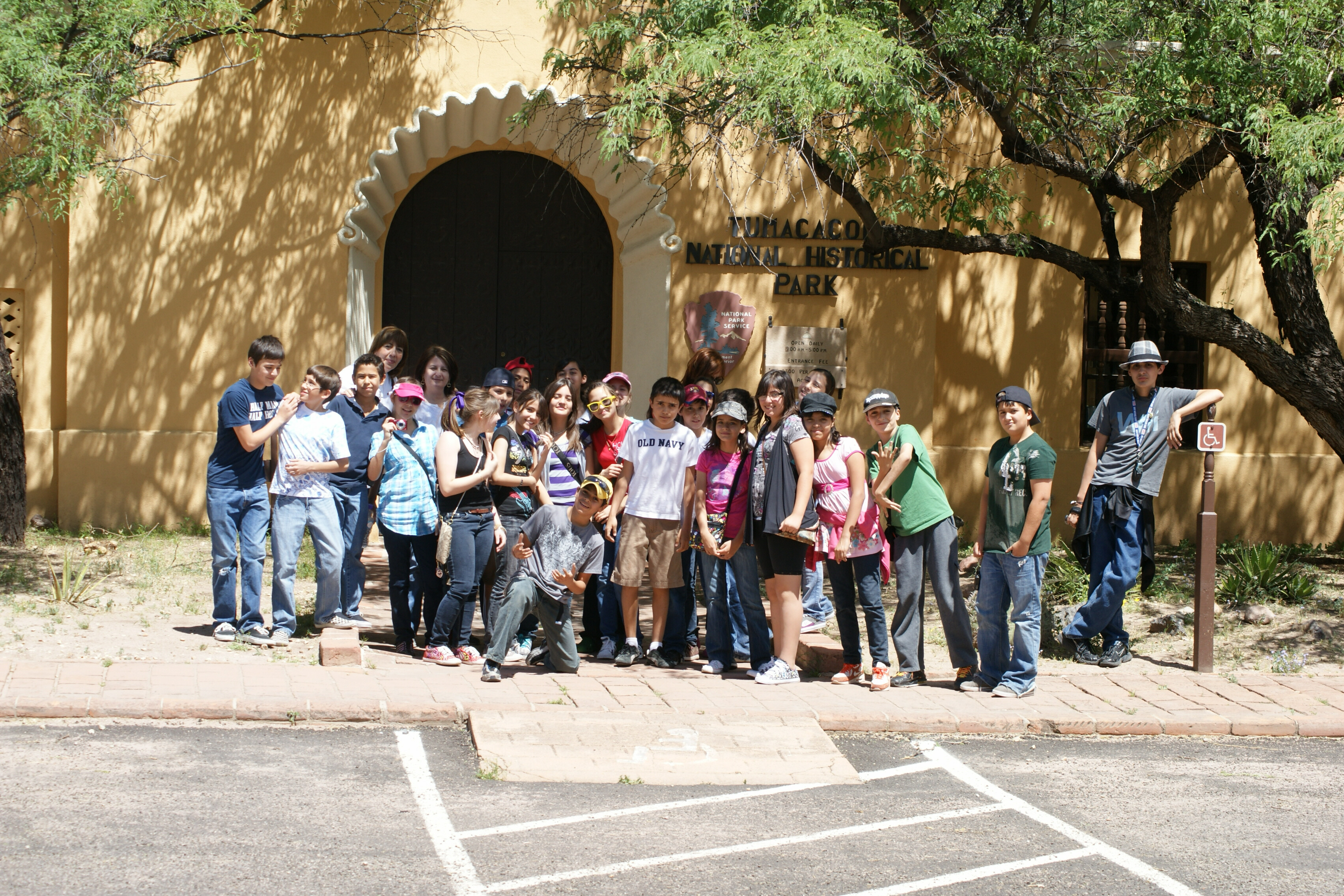 group of children in front of visitor center