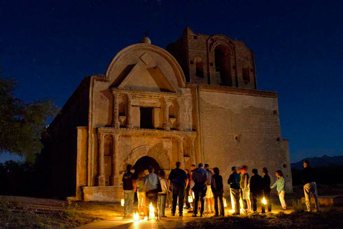 family campout participants in front of church