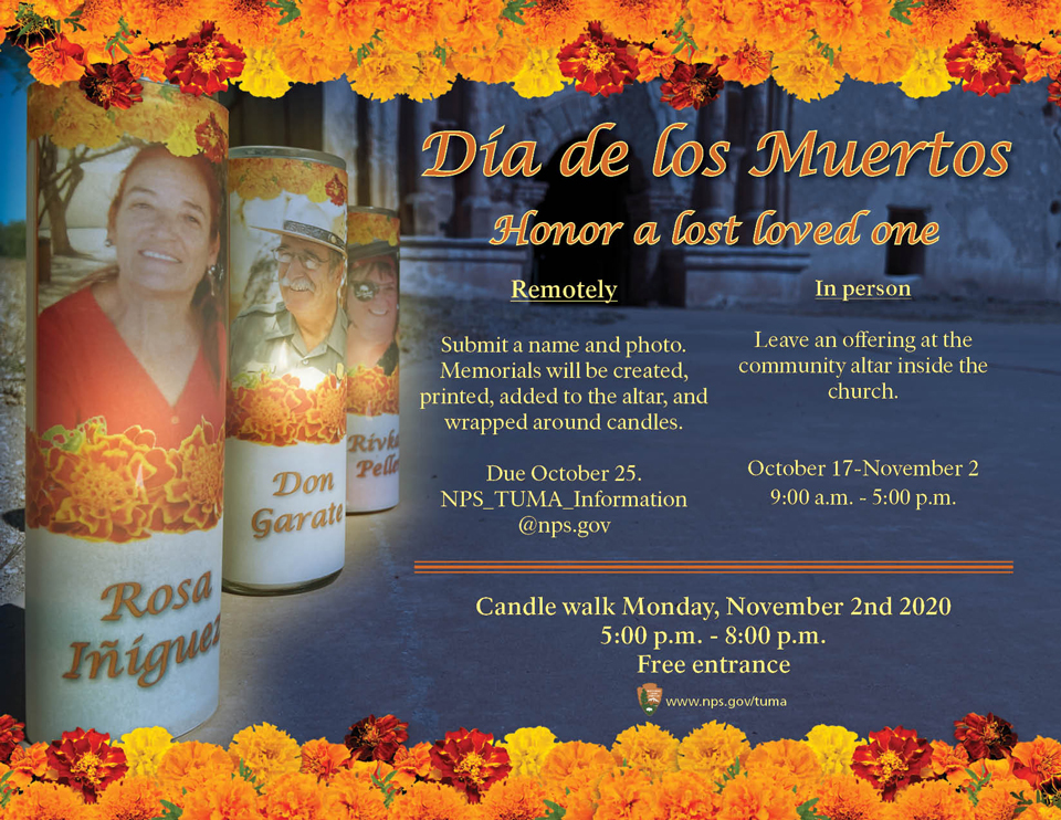 flyer with marigold border and candle graphic, describes día de los muertos event
